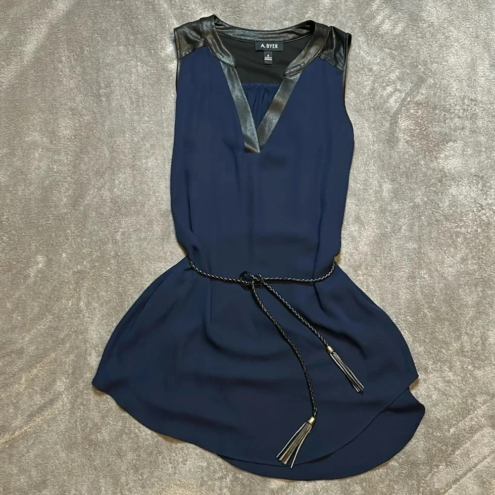 A. Byer Black and Blue Tank Top with Faux Leather Accents | Faux Leather | Black